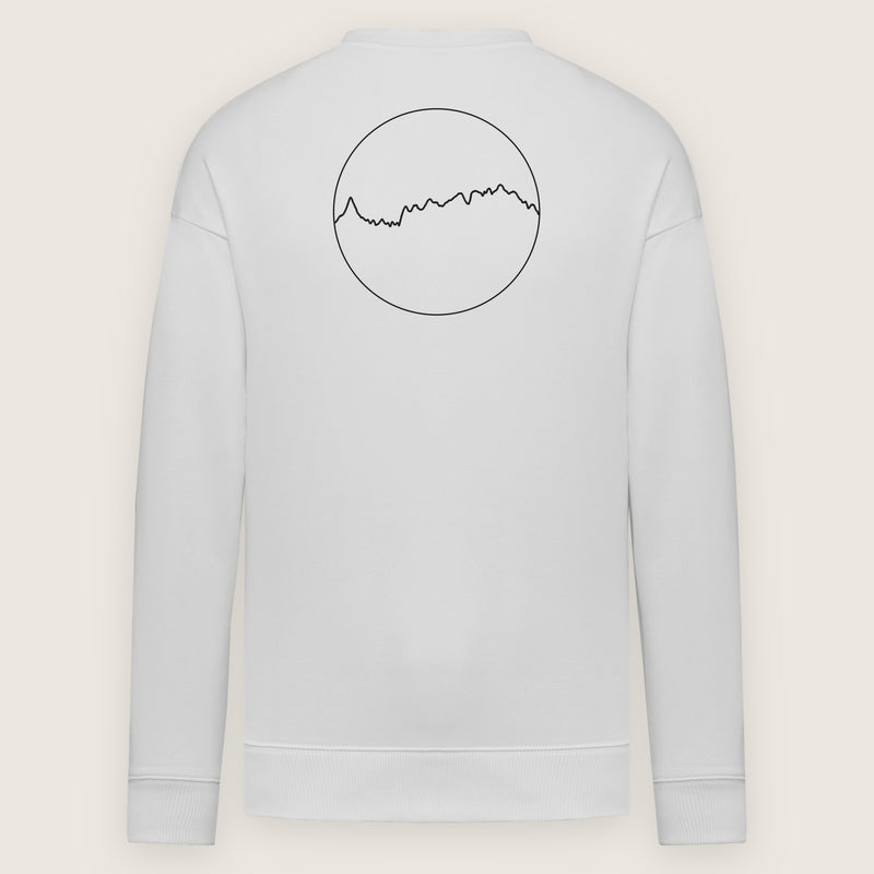 Sweat Les Alpes, blanc, de dos sur fond clair